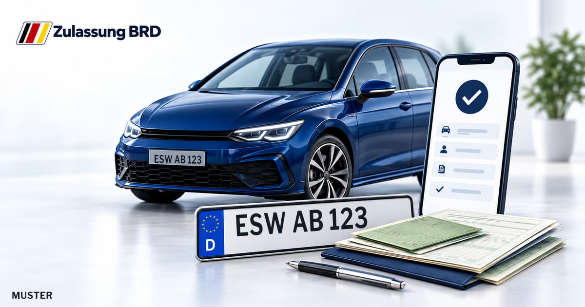 Online Fahrzeugzulassung in Witzenhausen: Musterkennzeichen ESW AB 123, Auto und Fahrzeugpapiere und Smartphone. Illustration mit Logo von Zulassung BRD.